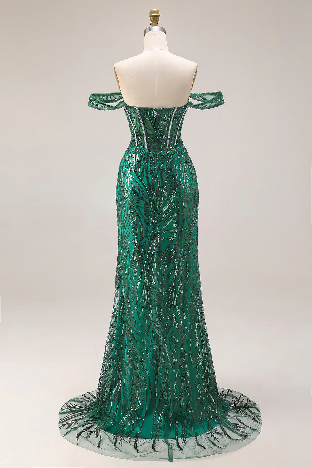 Dark Green Mermaid Off The Shoulder Corset Sequin Long Prom Dress with Beading - Image 2