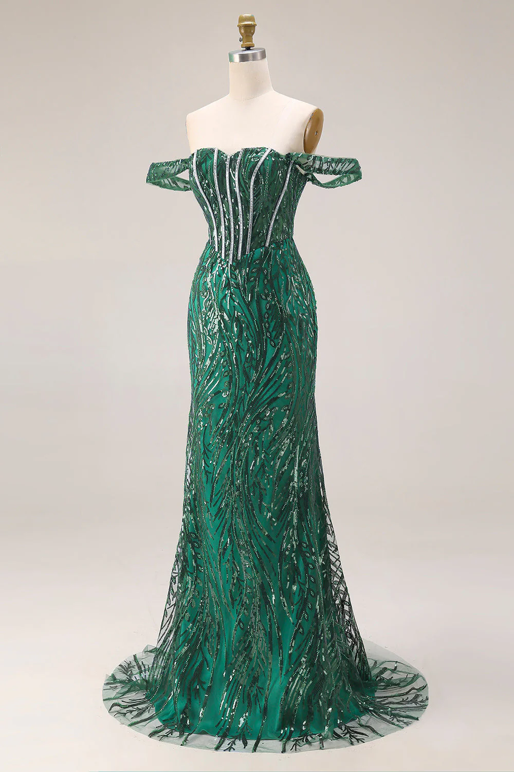 Dark Green Mermaid Off The Shoulder Corset Sequin Long Prom Dress with Beading - Image 3