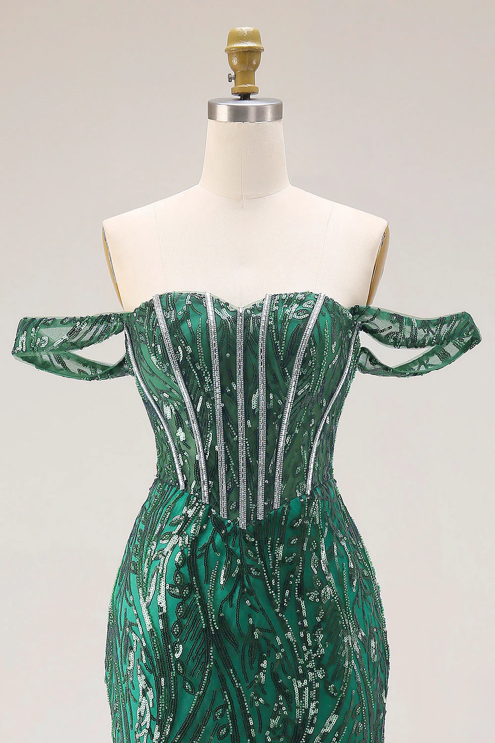 Dark Green Mermaid Off The Shoulder Corset Sequin Long Prom Dress with Beading - Image 4