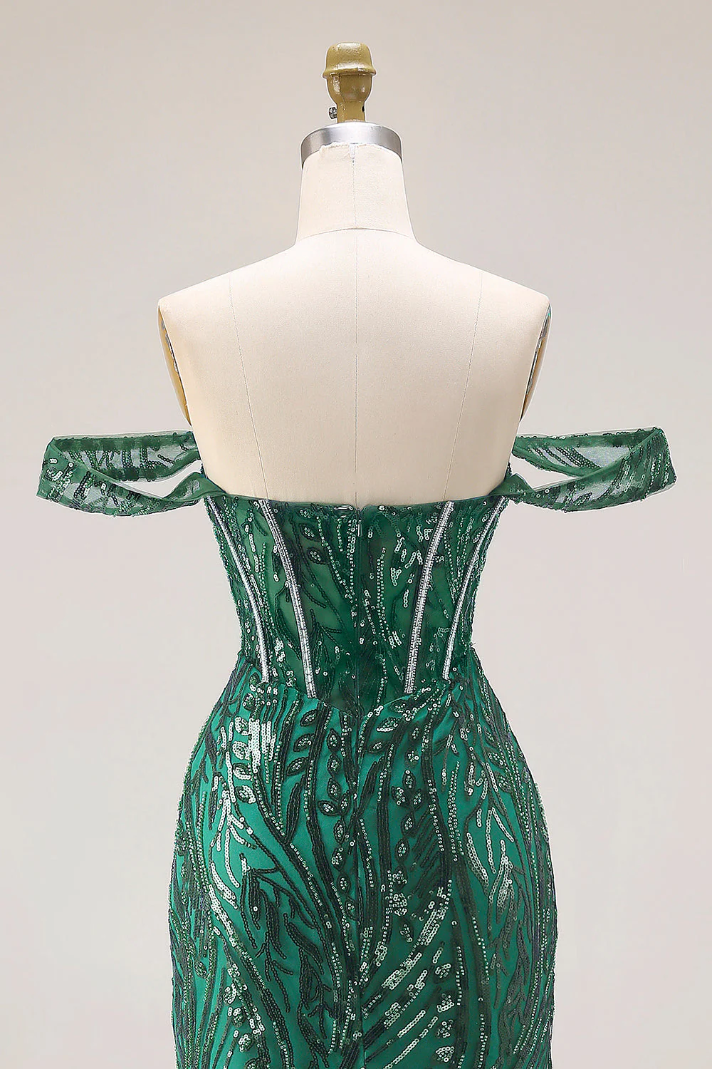 Dark Green Mermaid Off The Shoulder Corset Sequin Long Prom Dress with Beading - Image 5