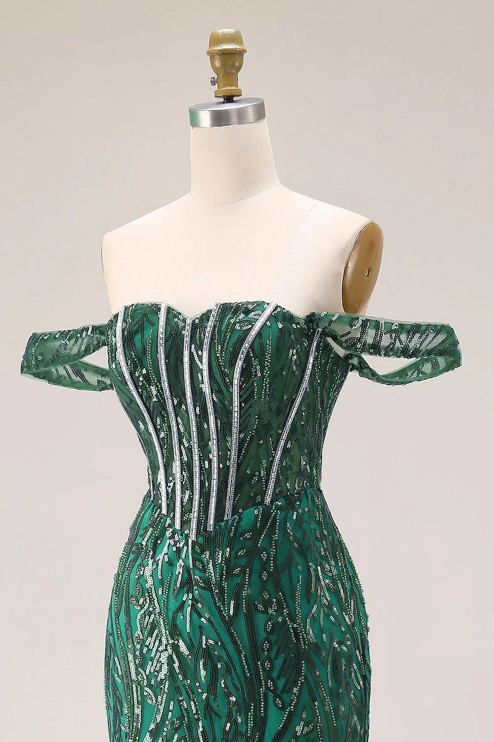 Dark Green Mermaid Off The Shoulder Corset Sequin Long Prom Dress with Beading - Image 6