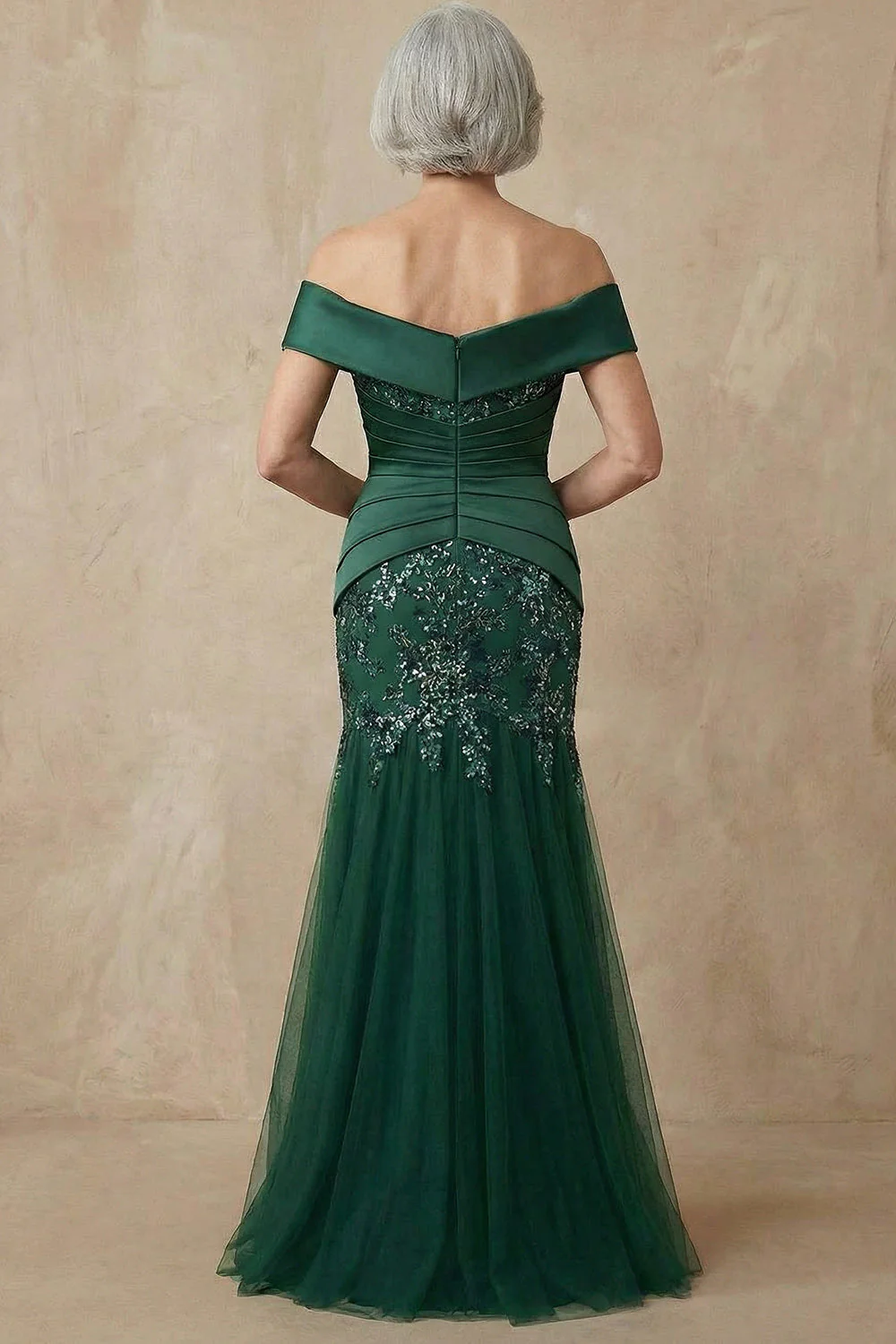 Dark Green Mermaid Off The Shoulder Long Mother of the Bride Dress with Sequins - Image 3