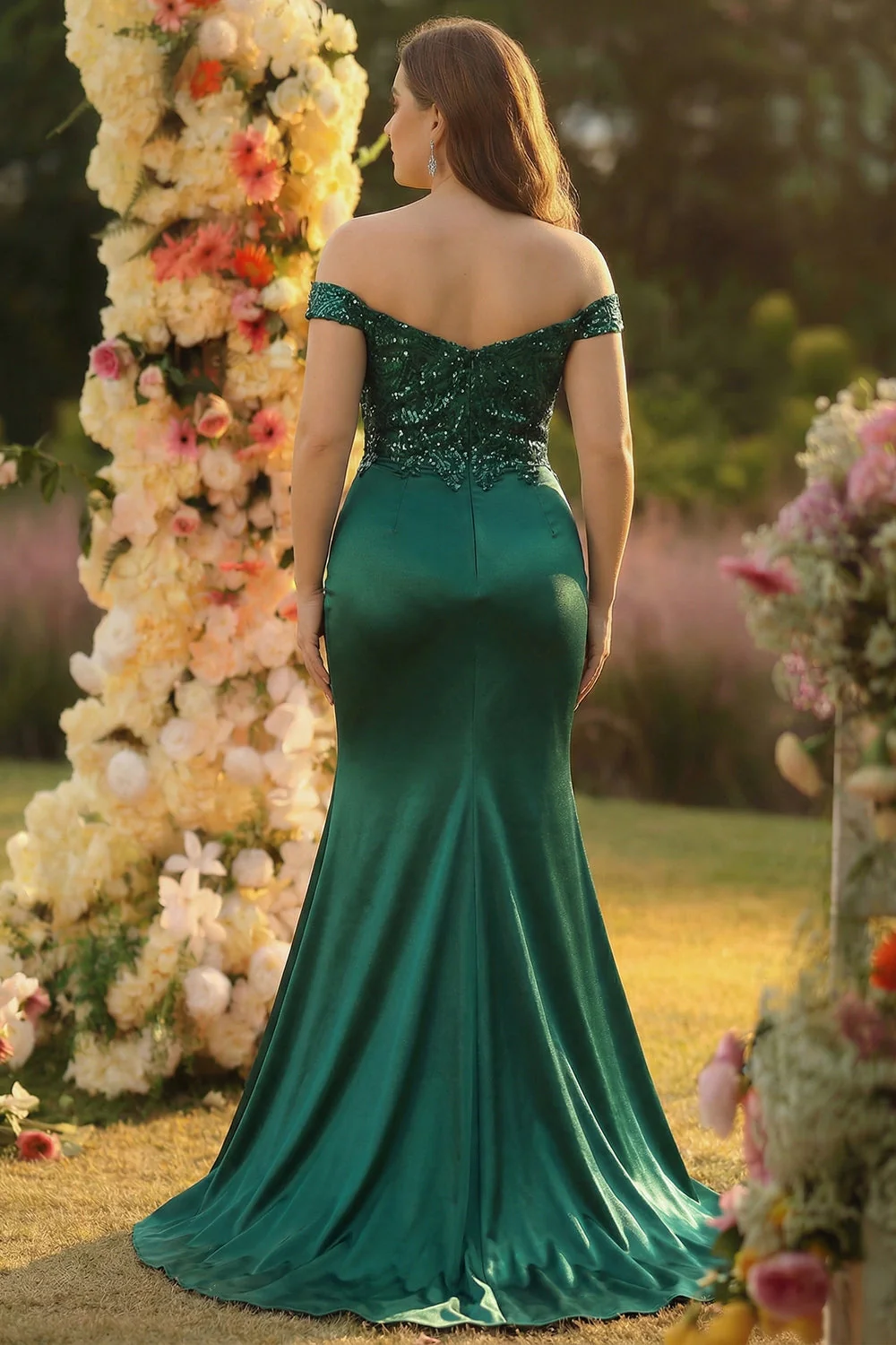 Dark Green Mermaid Off the Shoulder Plus Size Long Satin Prom Dress with Slit - Image 2