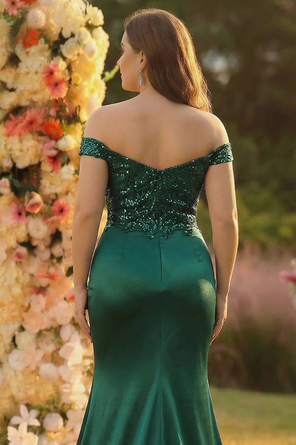 Dark Green Mermaid Off the Shoulder Plus Size Long Satin Prom Dress with Slit - Image 4