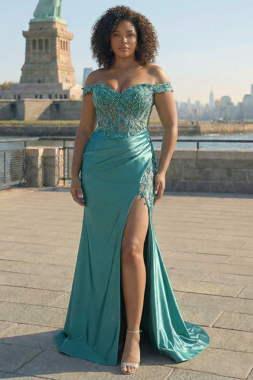 Dark Green Mermaid Off the Shoulder Plus Size Long Satin Prom Dress with Slit - Image 5