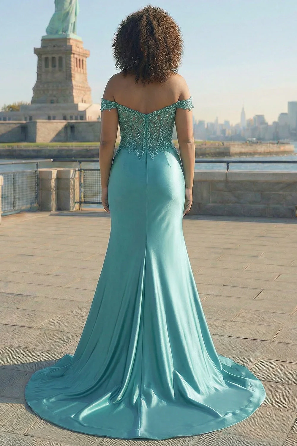Dark Green Mermaid Off the Shoulder Plus Size Long Satin Prom Dress with Slit - Image 6