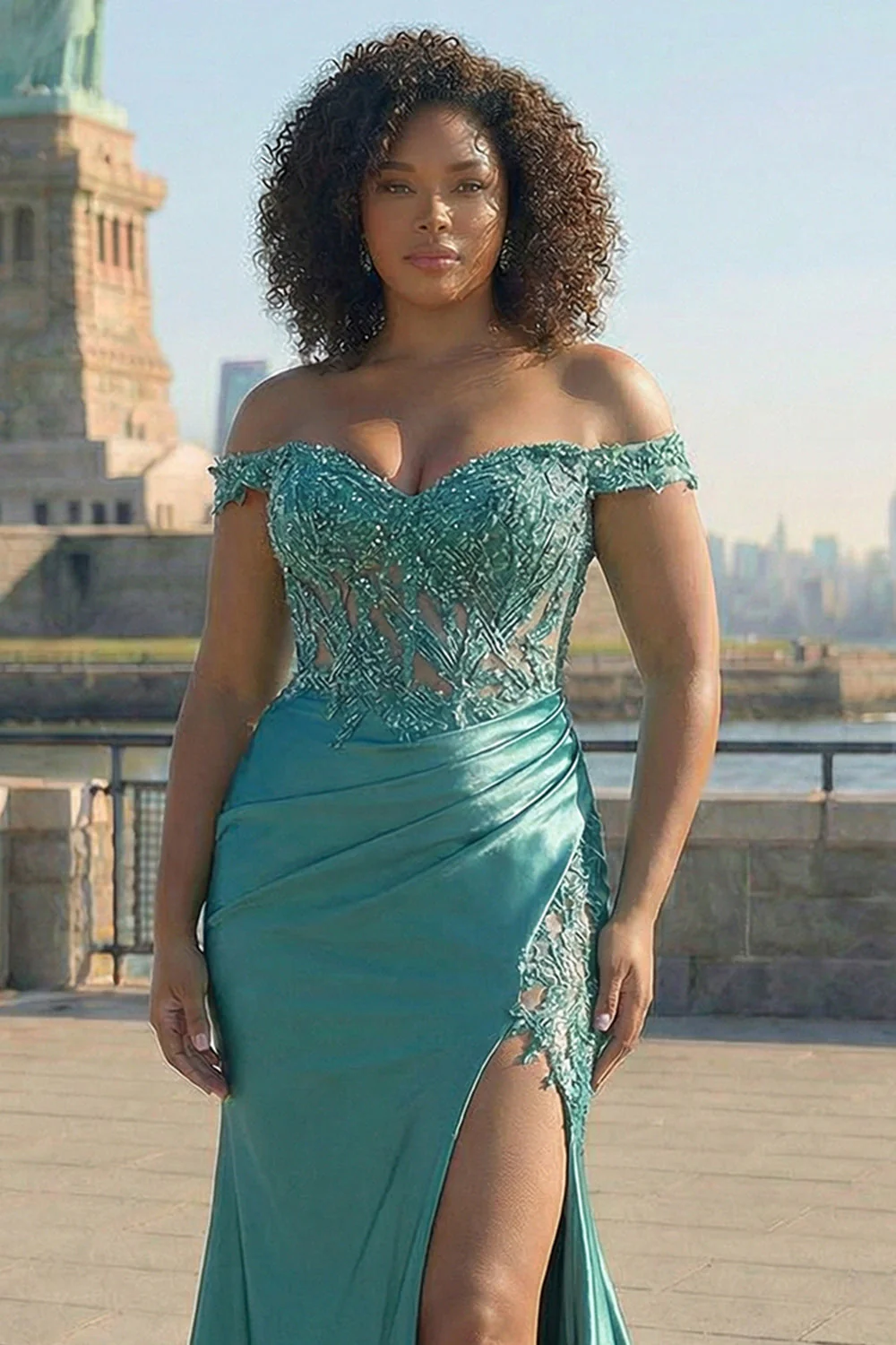 Dark Green Mermaid Off the Shoulder Plus Size Long Satin Prom Dress with Slit - Image 7