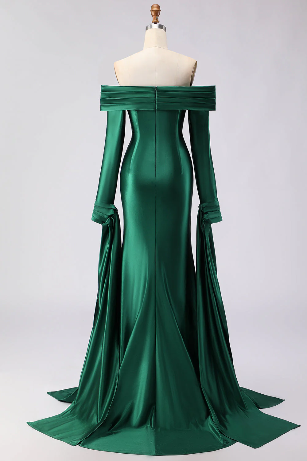 Dark Green Mermaid Off The Shoulder Satin Long Prom Dress with Long Sleeve - Image 2