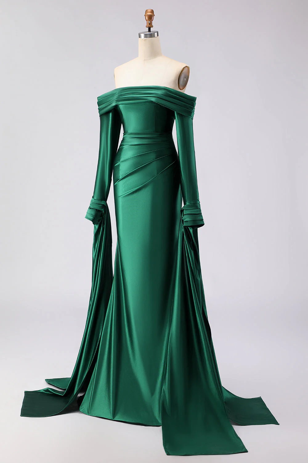 Dark Green Mermaid Off The Shoulder Satin Long Prom Dress with Long Sleeve - Image 3