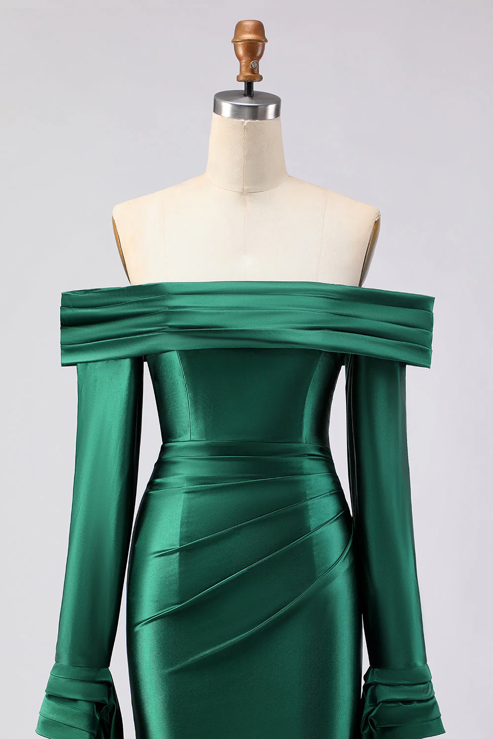 Dark Green Mermaid Off The Shoulder Satin Long Prom Dress with Long Sleeve - Image 4
