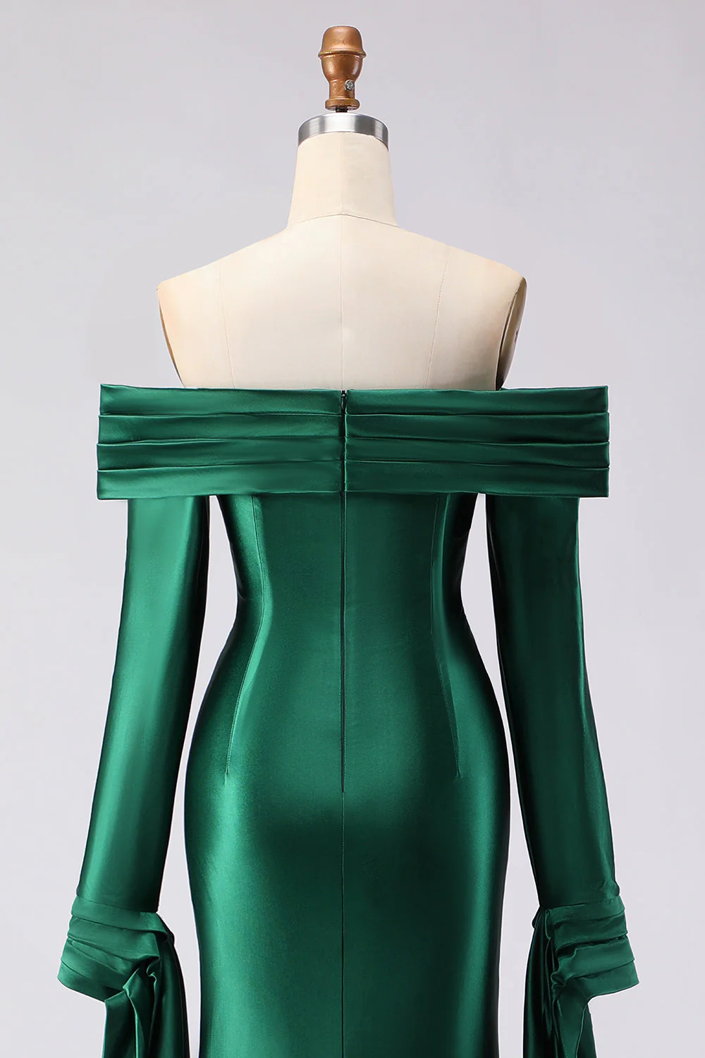 Dark Green Mermaid Off The Shoulder Satin Long Prom Dress with Long Sleeve - Image 5