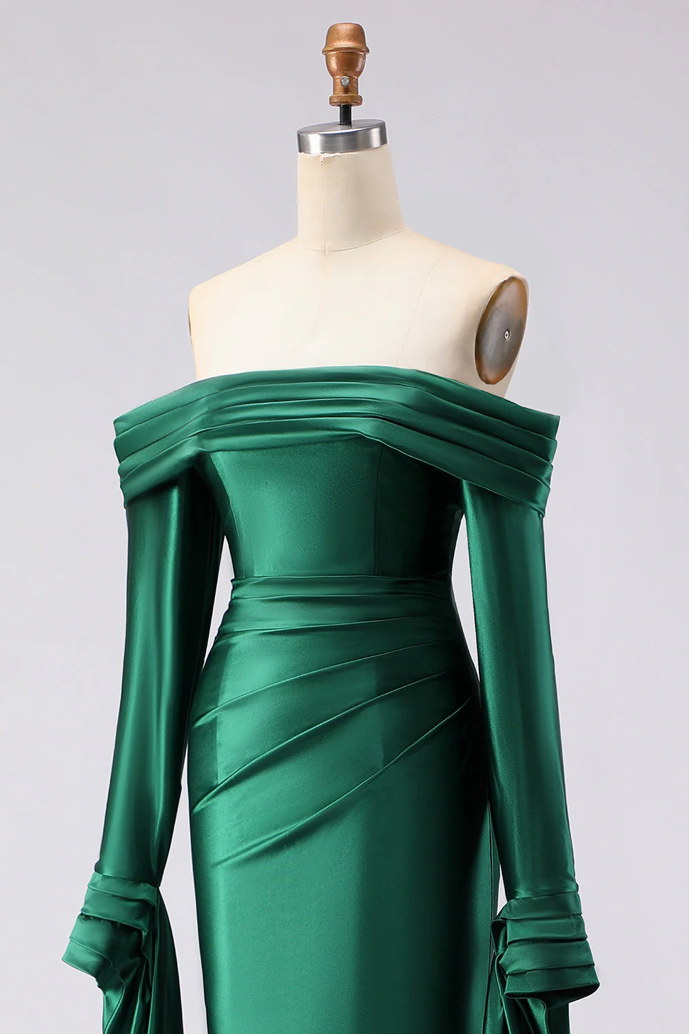 Dark Green Mermaid Off The Shoulder Satin Long Prom Dress with Long Sleeve - Image 6