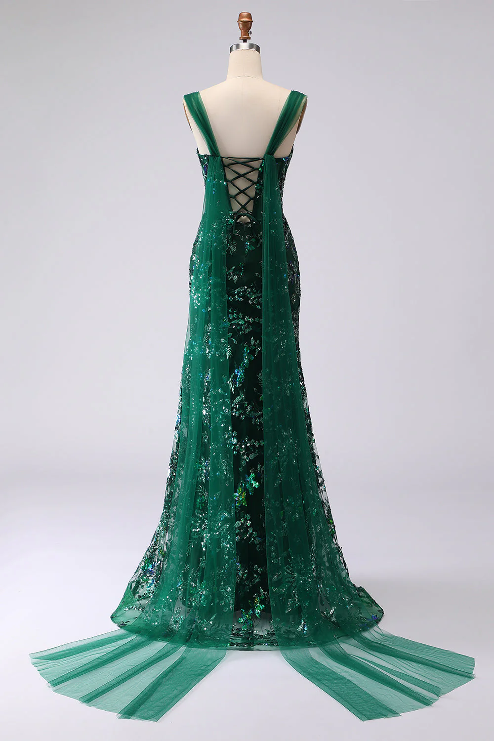 Dark Green Mermaid Sequin Lace Up Back Long Prom Dress with Slit - Image 2