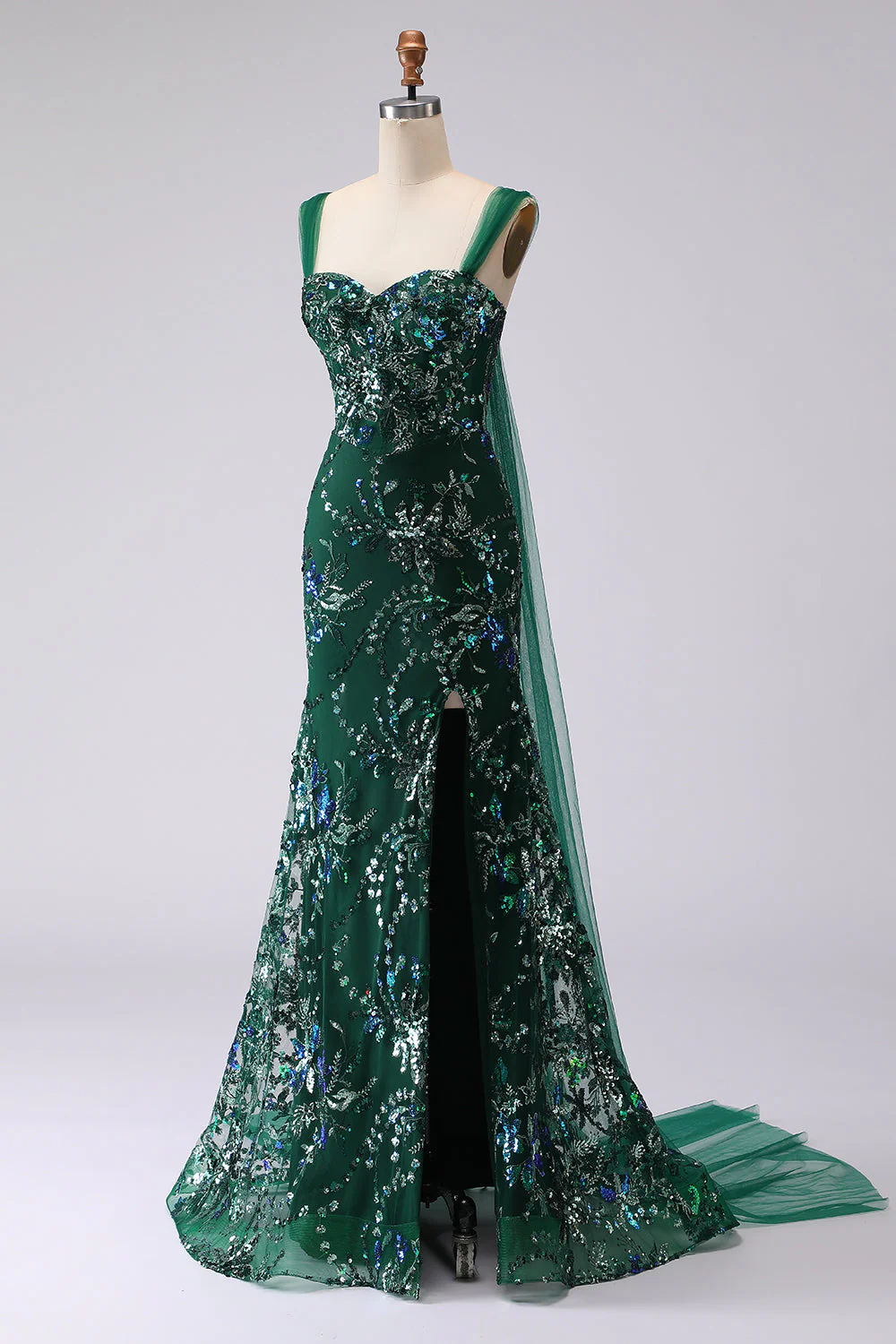 Dark Green Mermaid Sequin Lace Up Back Long Prom Dress with Slit - Image 3