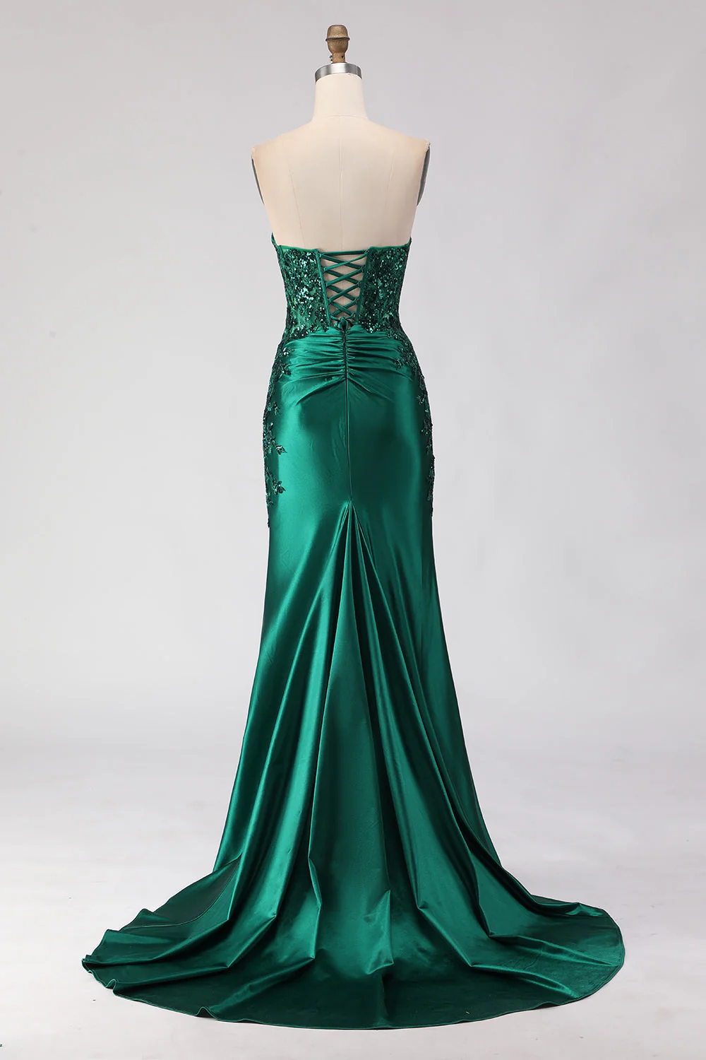Dark Green Mermaid Sequin Strapless Ruched Long Prom Dress with Slit - Image 2