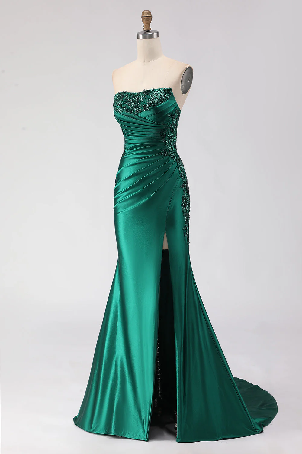 Dark Green Mermaid Sequin Strapless Ruched Long Prom Dress with Slit - Image 3