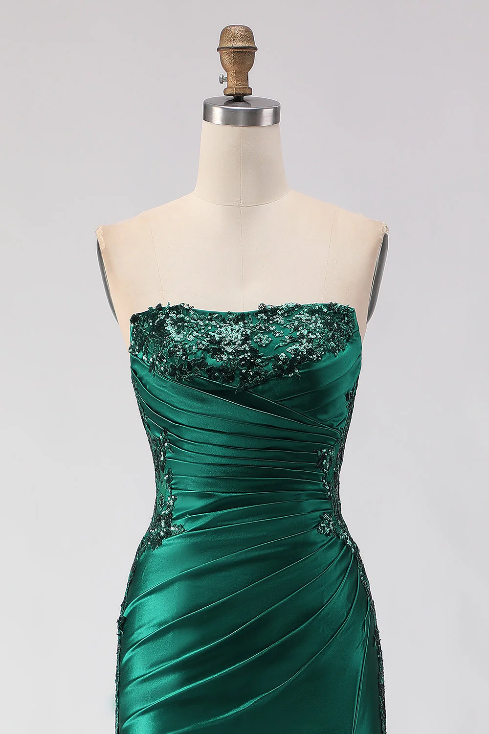 Dark Green Mermaid Sequin Strapless Ruched Long Prom Dress with Slit - Image 4
