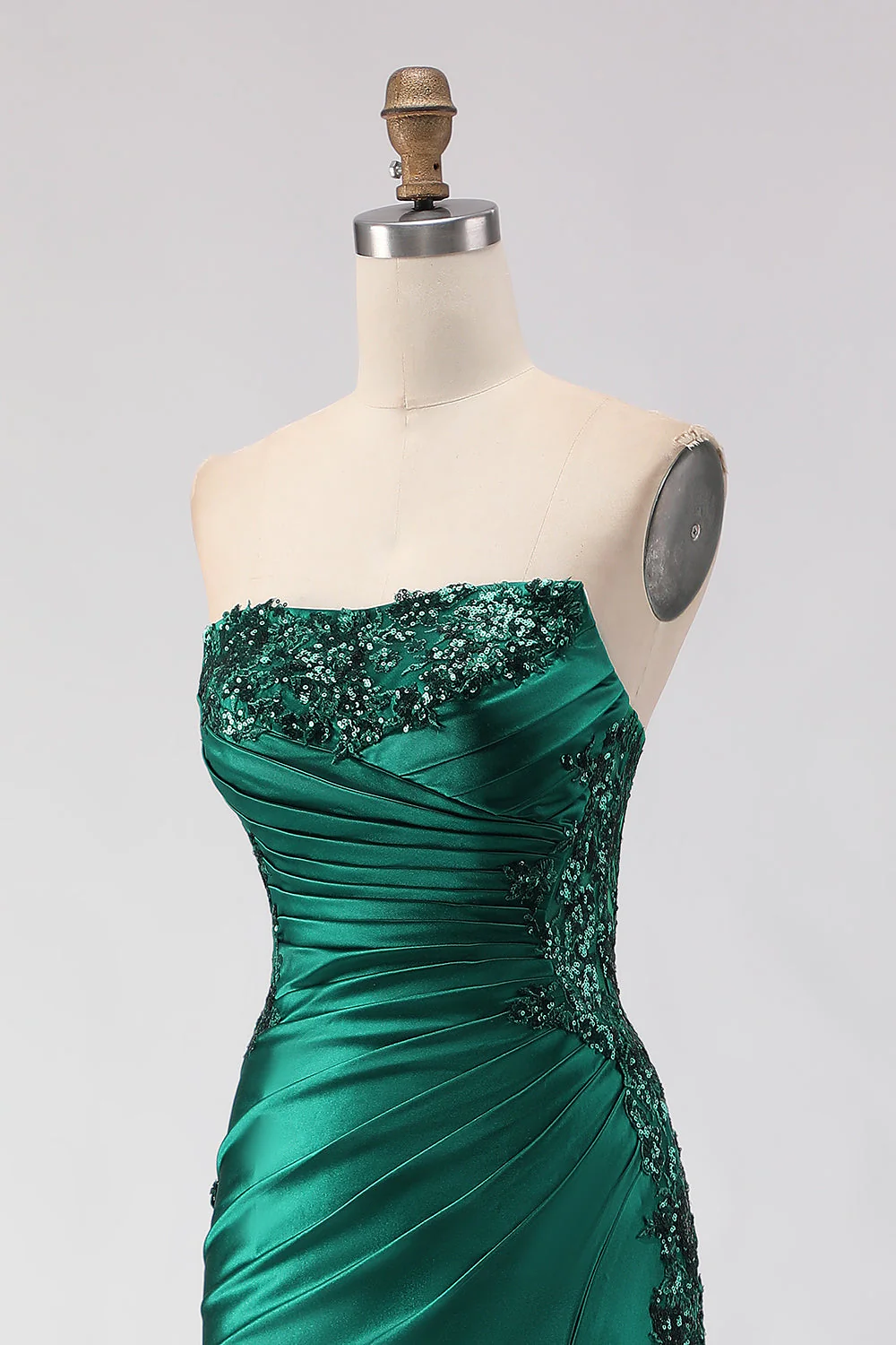 Dark Green Mermaid Sequin Strapless Ruched Long Prom Dress with Slit - Image 6