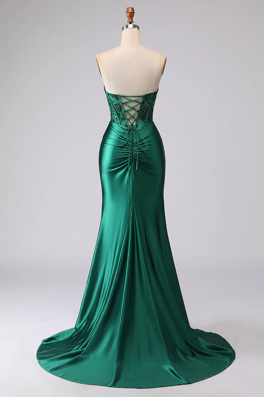 Dark Green Mermaid Strapless Corset Ruched Sequin Lace Up Back Prom Dress with Slit - Image 2