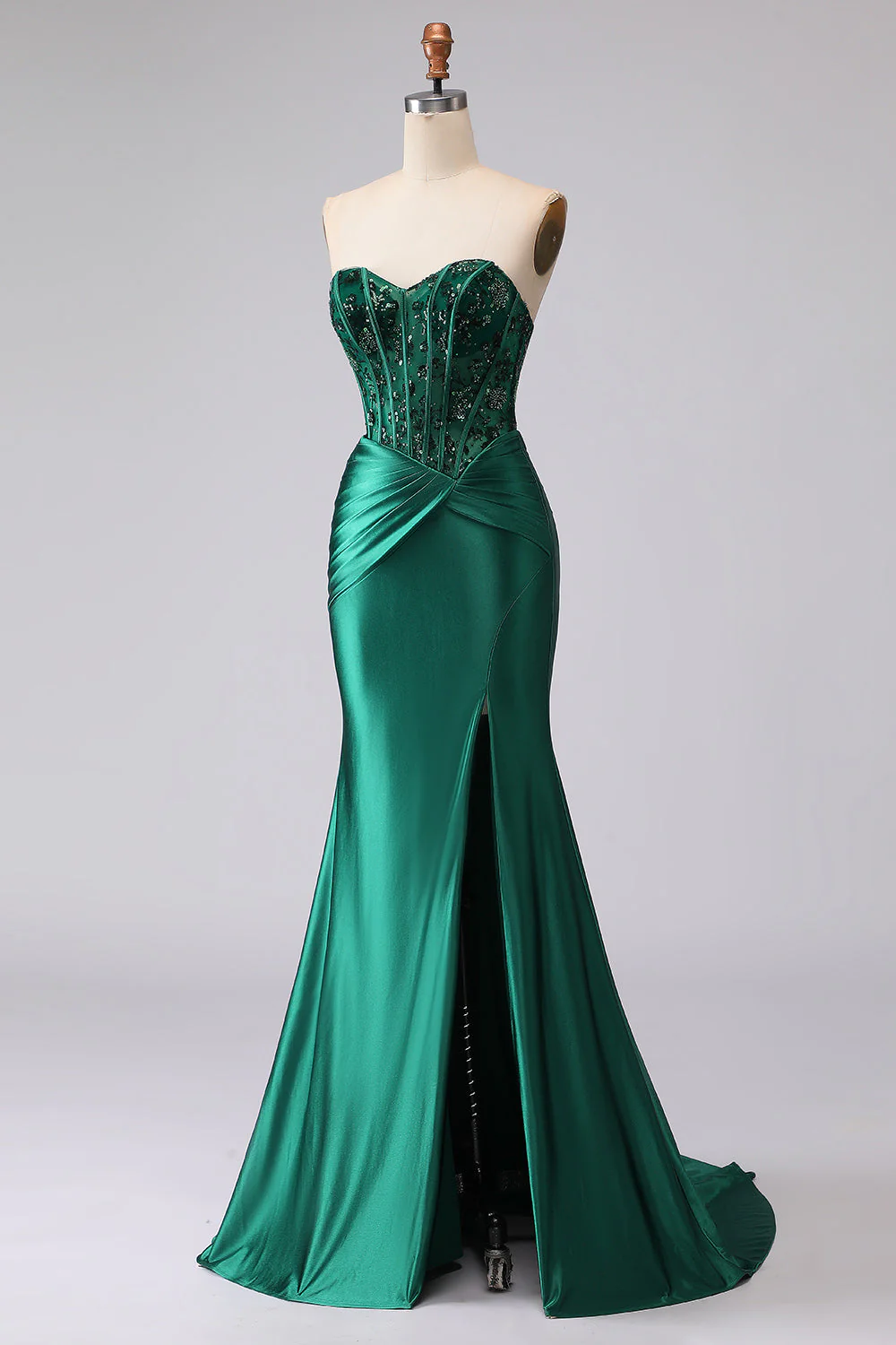 Dark Green Mermaid Strapless Corset Ruched Sequin Lace Up Back Prom Dress with Slit - Image 5