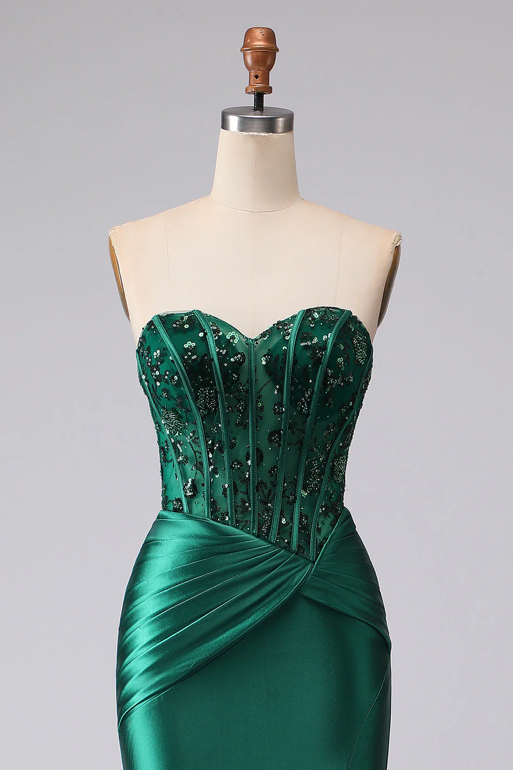 Dark Green Mermaid Strapless Corset Ruched Sequin Lace Up Back Prom Dress with Slit - Image 6