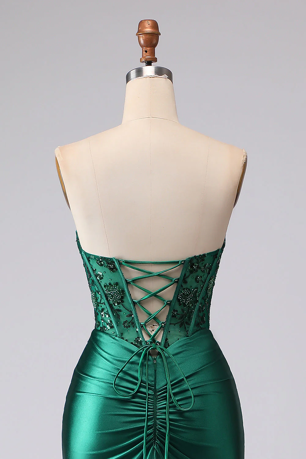 Dark Green Mermaid Strapless Corset Ruched Sequin Lace Up Back Prom Dress with Slit - Image 7