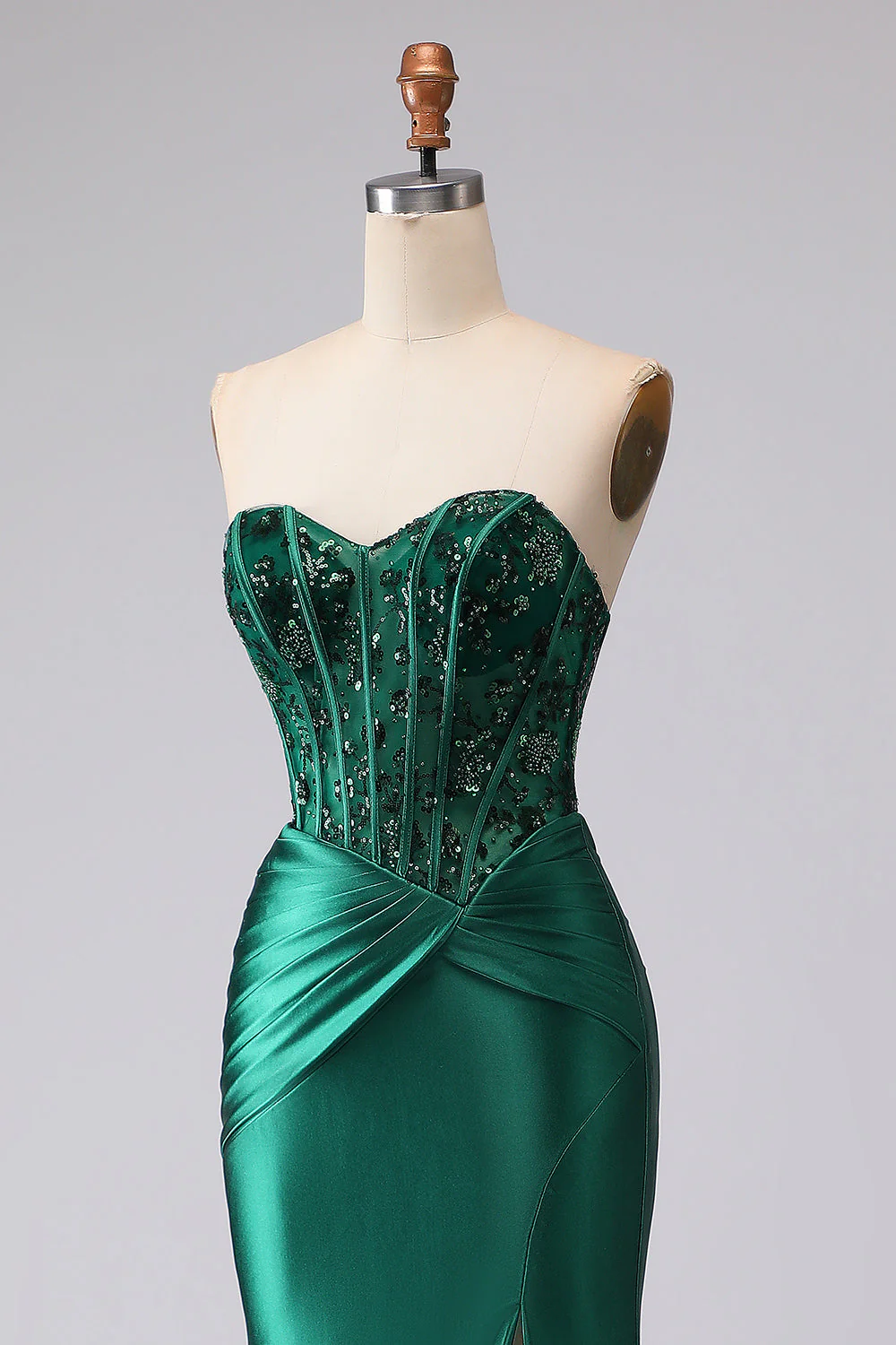 Dark Green Mermaid Strapless Corset Ruched Sequin Lace Up Back Prom Dress with Slit - Image 8