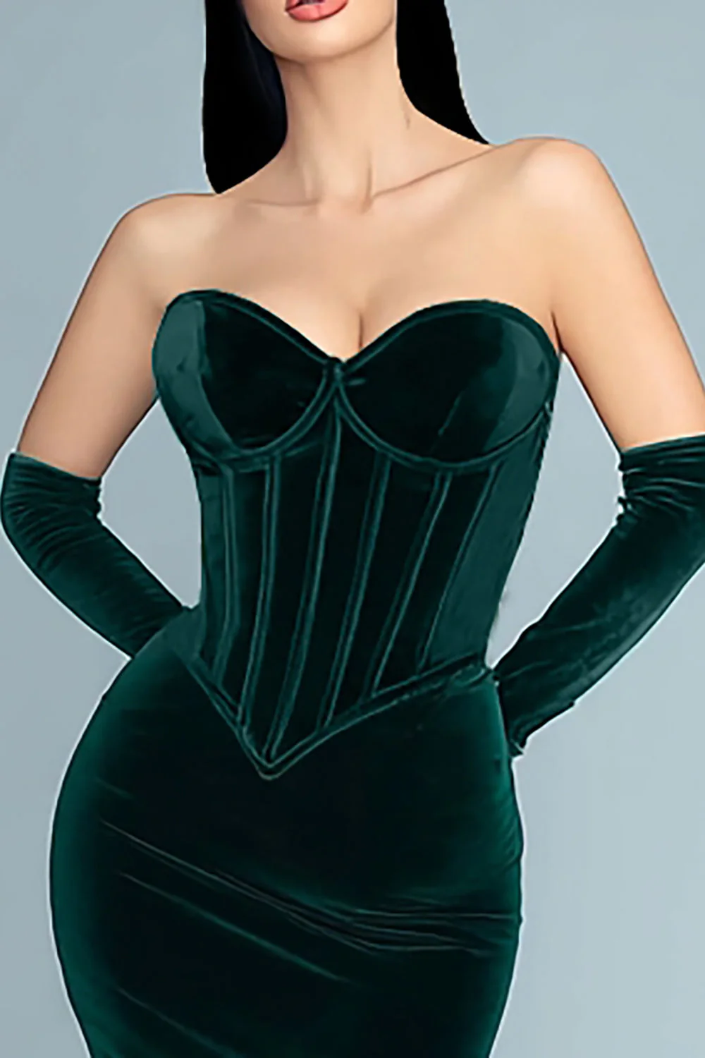 Dark Green Mermaid Sweetheart Corset Velvet Long Evening Dress - Image 2