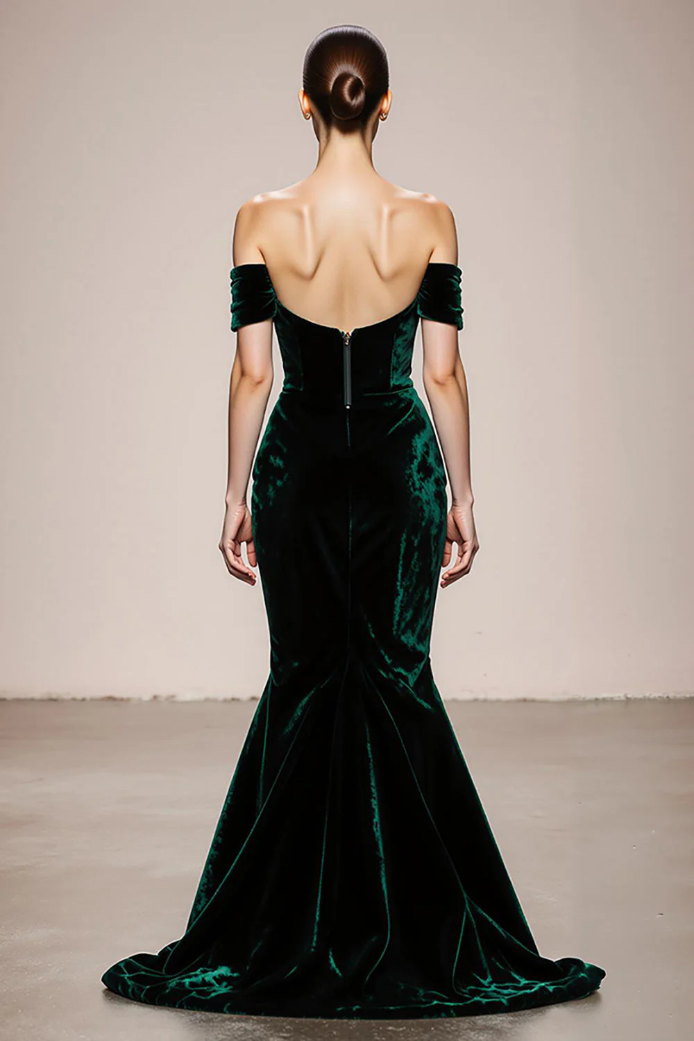 Dark Green Off the Shoulder Mermaid Velvet Evening Dress - Image 2