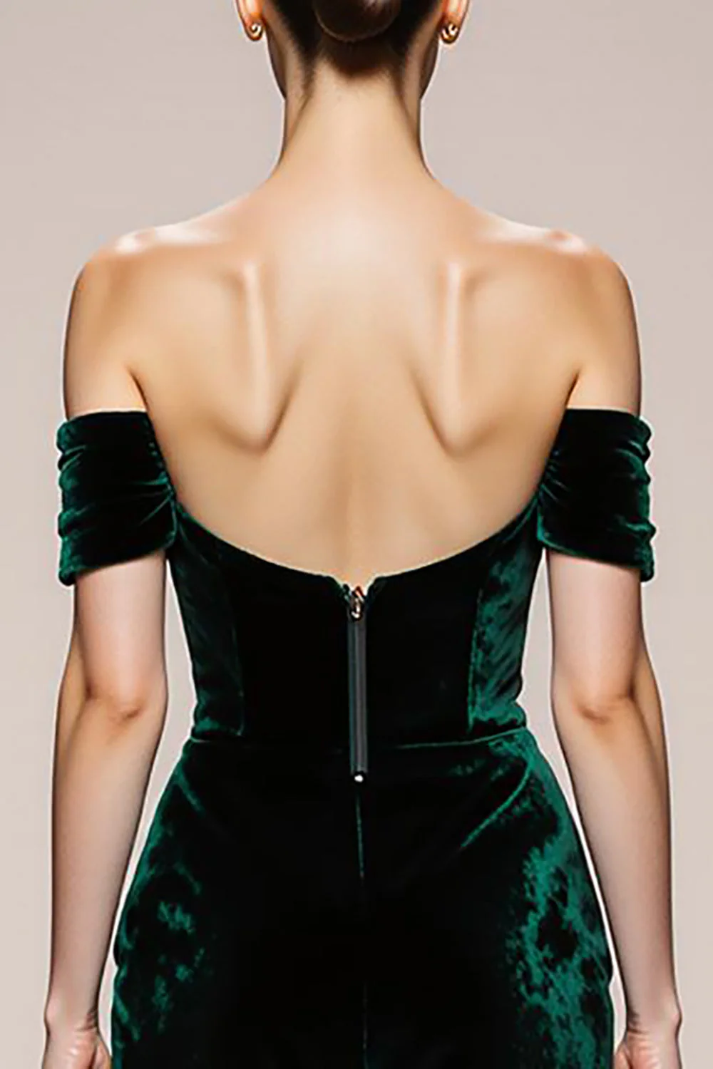 Dark Green Off the Shoulder Mermaid Velvet Evening Dress - Image 4