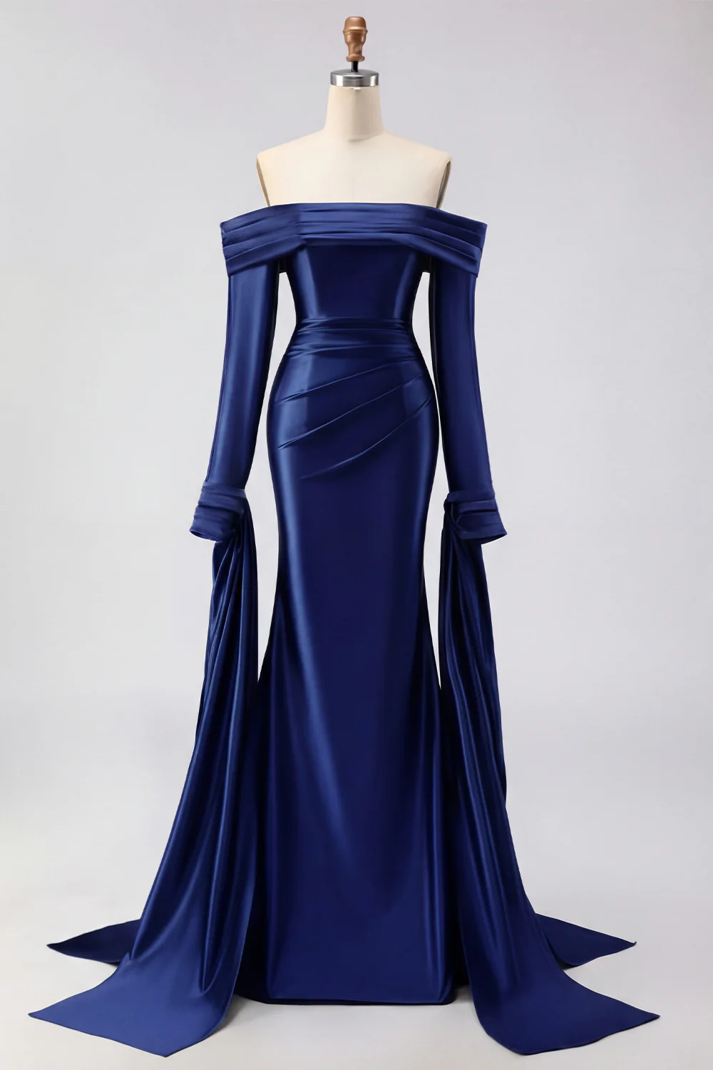 Dark Green Mermaid Off The Shoulder Satin Long Prom Dress with Long Sleeve - Image 13