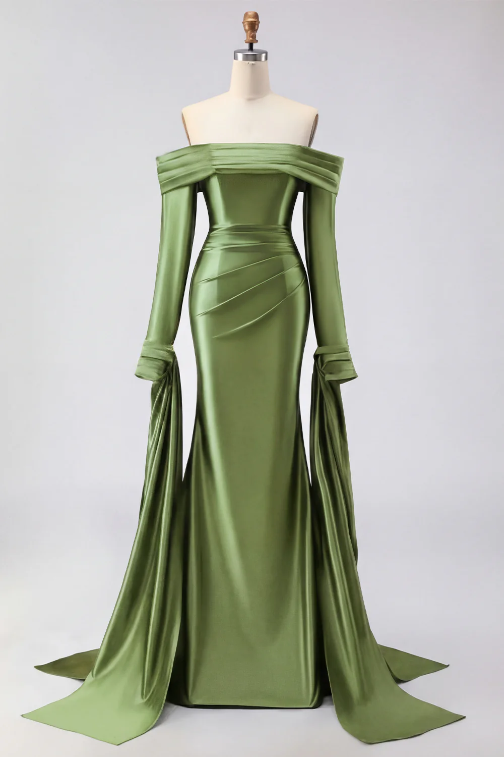 Dark Green Mermaid Off The Shoulder Satin Long Prom Dress with Long Sleeve - Image 8