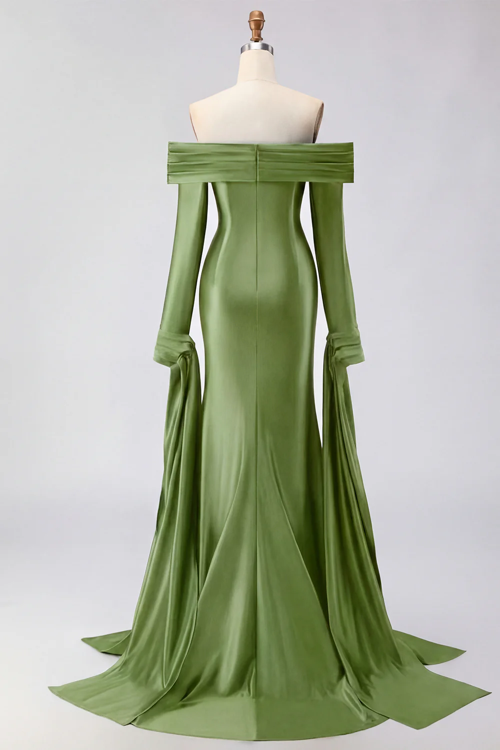 Dark Green Mermaid Off The Shoulder Satin Long Prom Dress with Long Sleeve - Image 7