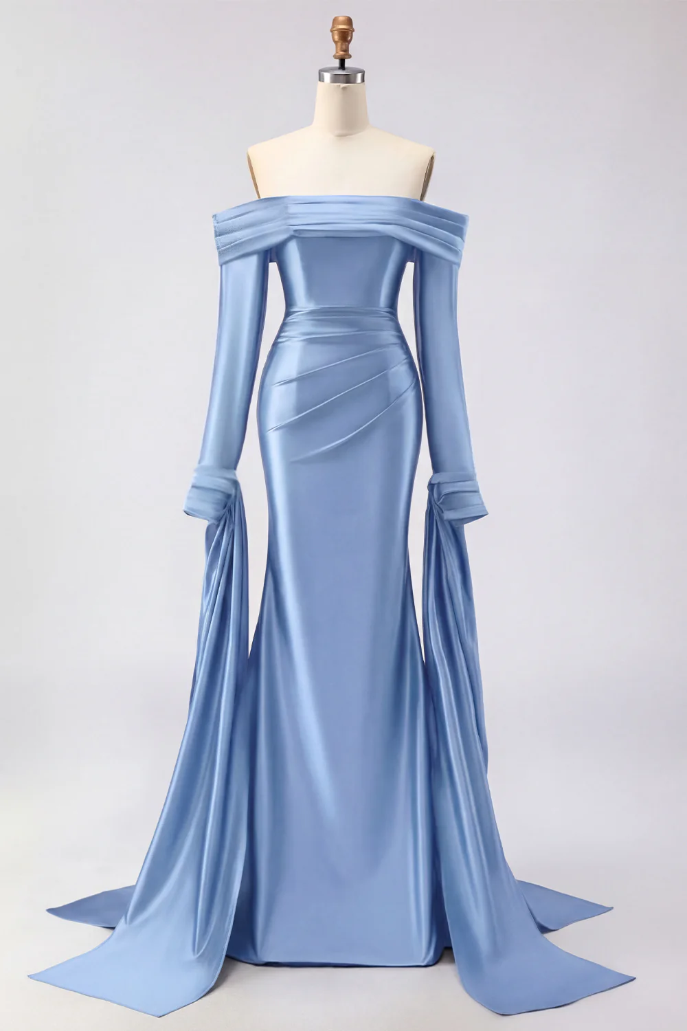 Dark Green Mermaid Off The Shoulder Satin Long Prom Dress with Long Sleeve - Image 9