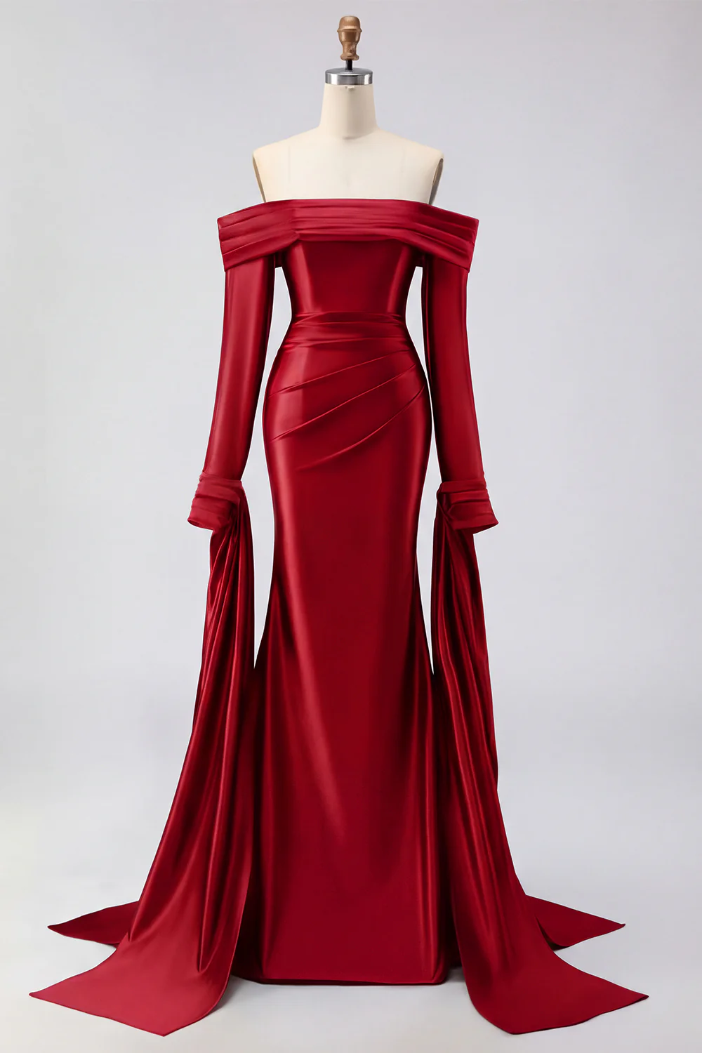 Dark Green Mermaid Off The Shoulder Satin Long Prom Dress with Long Sleeve - Image 11