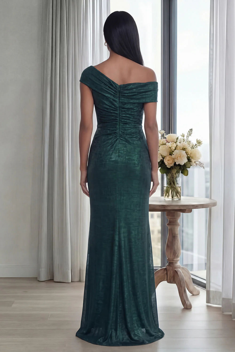 Dark Green Off the Shoulder Sheath Ruched Long Evening Dress - Image 2