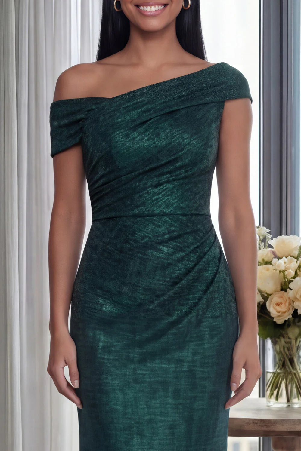 Dark Green Off the Shoulder Sheath Ruched Long Evening Dress - Image 3