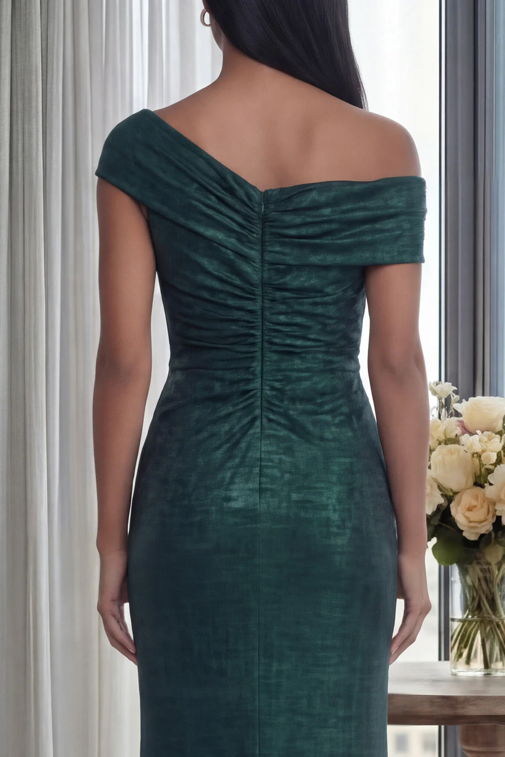 Dark Green Off the Shoulder Sheath Ruched Long Evening Dress - Image 4