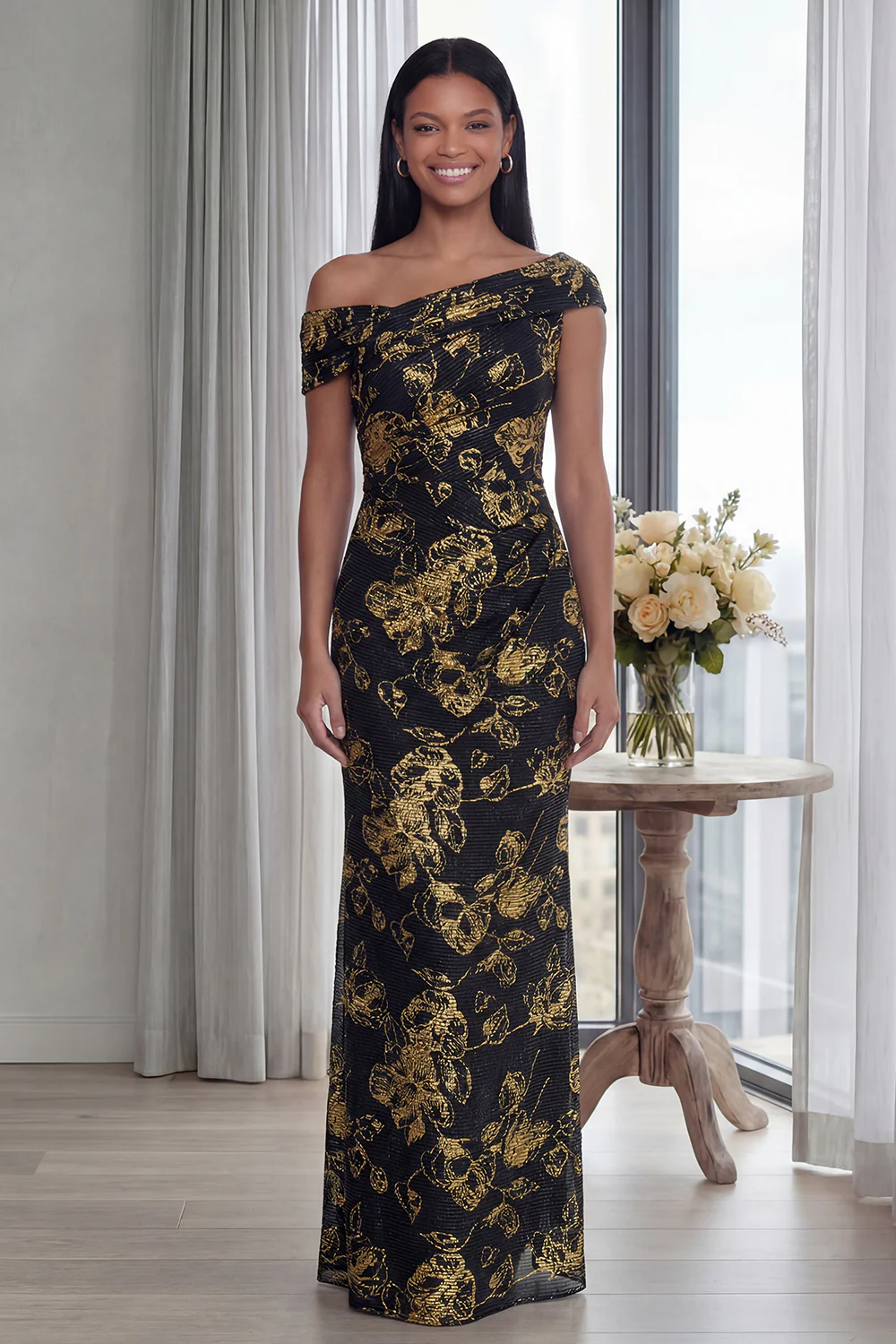 Dark Green Off the Shoulder Sheath Ruched Long Evening Dress - Image 5
