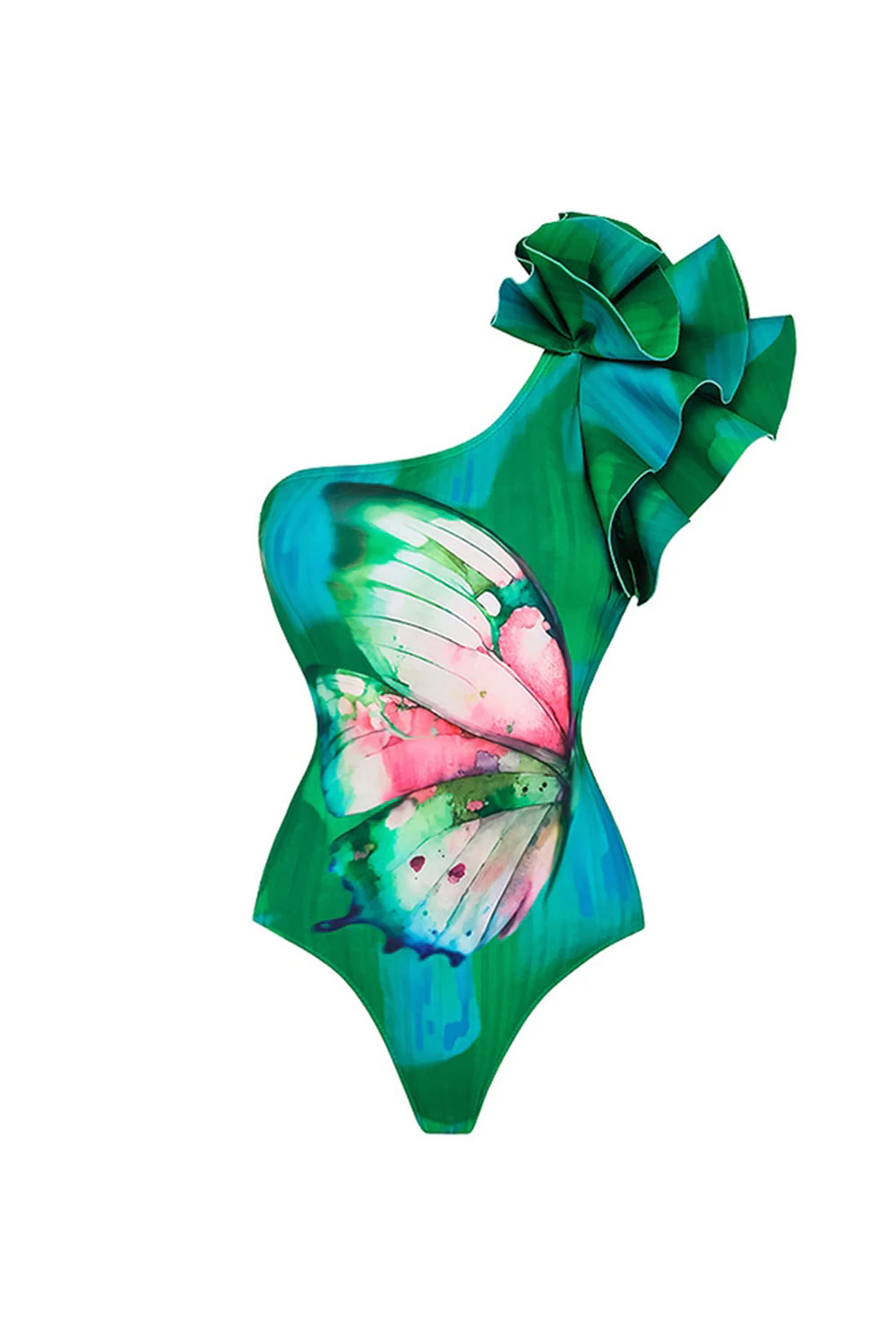 Dark Green One Shoulder 2 Piece Ruffled Swimsuit with Cover Up - Image 2