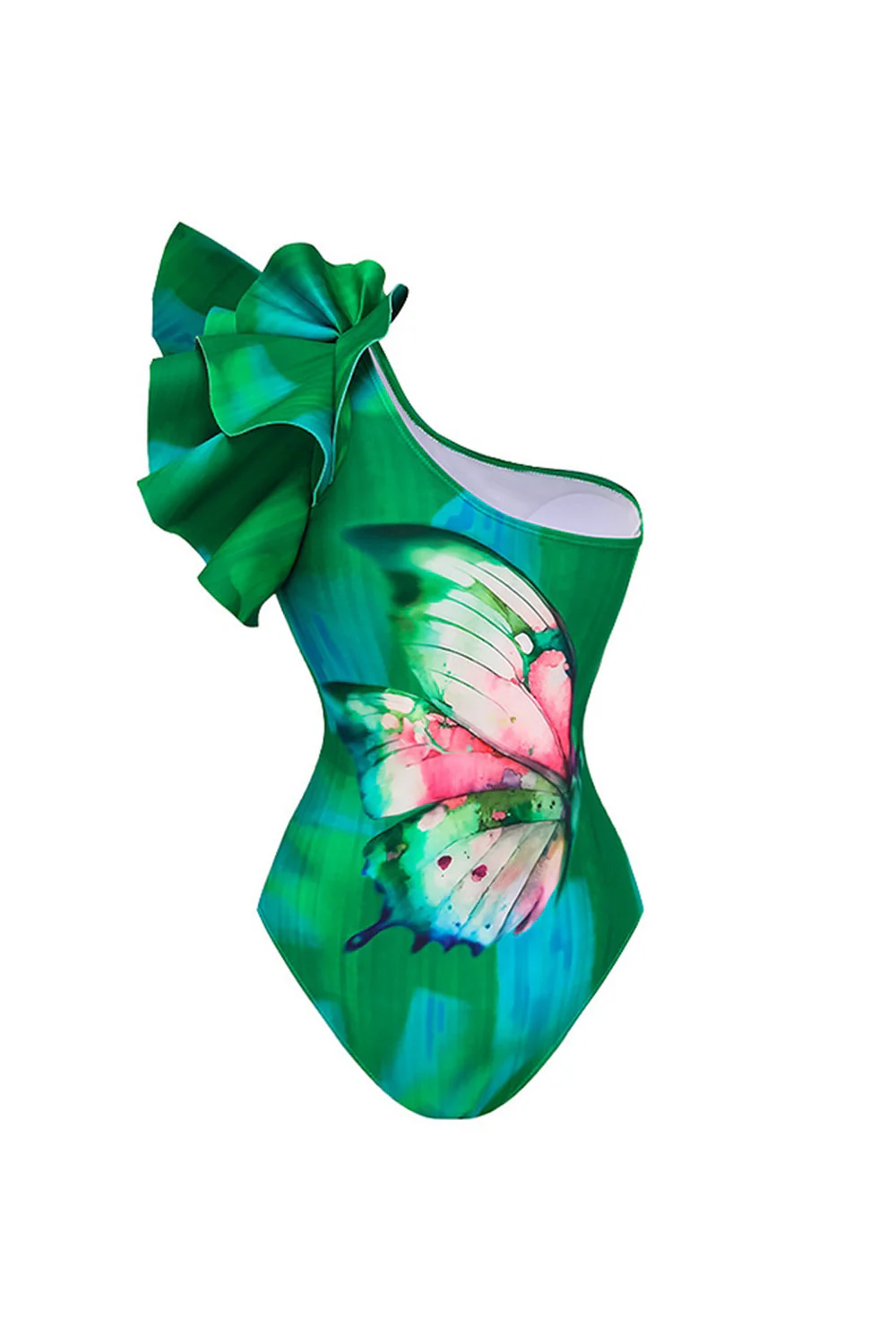 Dark Green One Shoulder 2 Piece Ruffled Swimsuit with Cover Up - Image 3