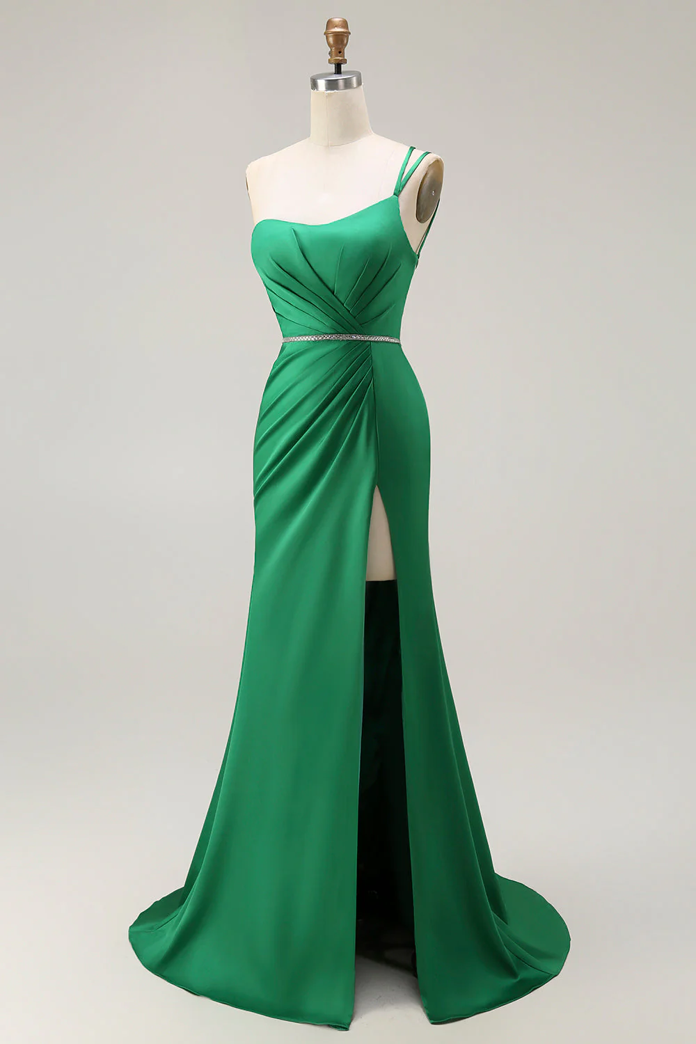 Dark Green One Shoulder Mermaid Beaded Long Prom Dress With Slit - Image 3