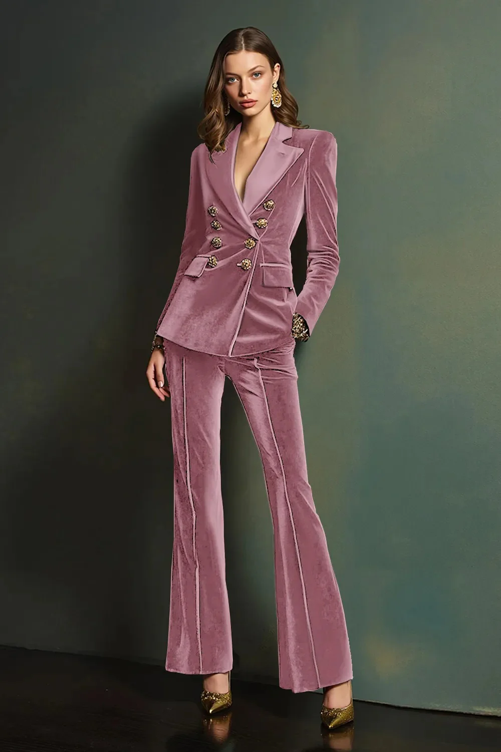 Dark Green Peak Lapel 2-Piece Velvet Double Breasted Women Prom Suits - Image 11