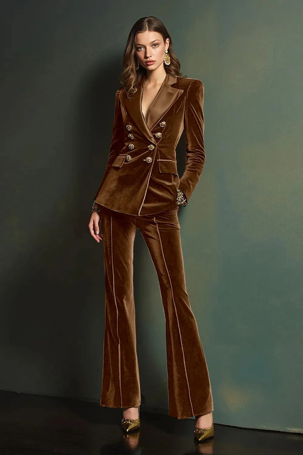 Dark Green Peak Lapel 2-Piece Velvet Double Breasted Women Prom Suits - Image 12