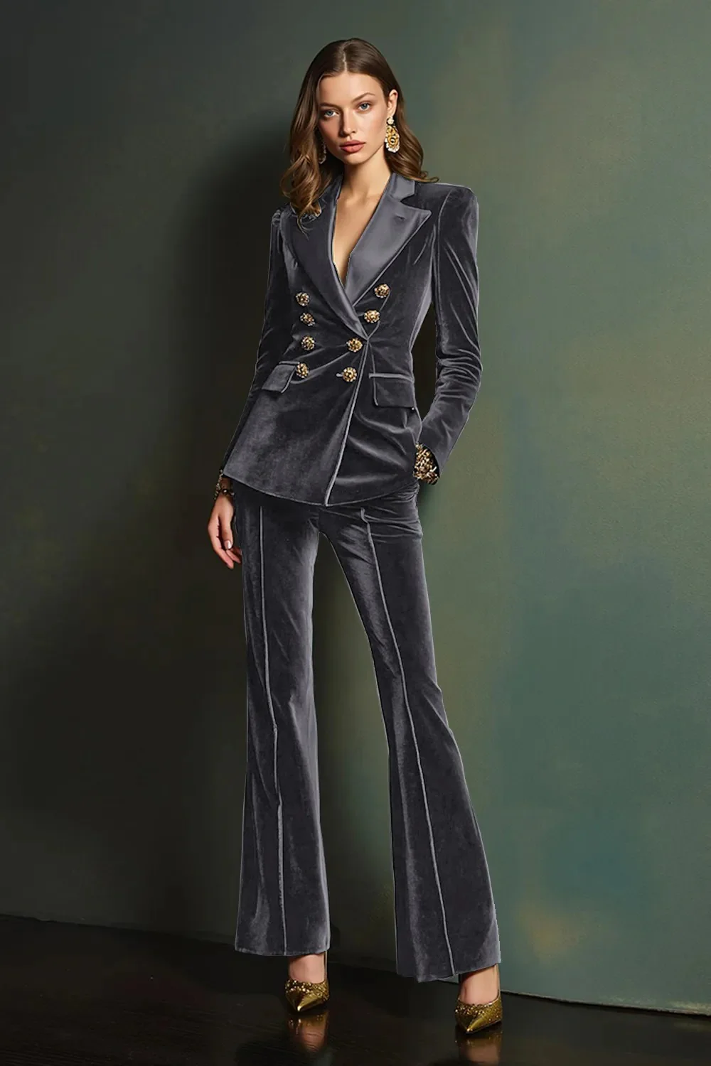 Dark Green Peak Lapel 2-Piece Velvet Double Breasted Women Prom Suits - Image 13