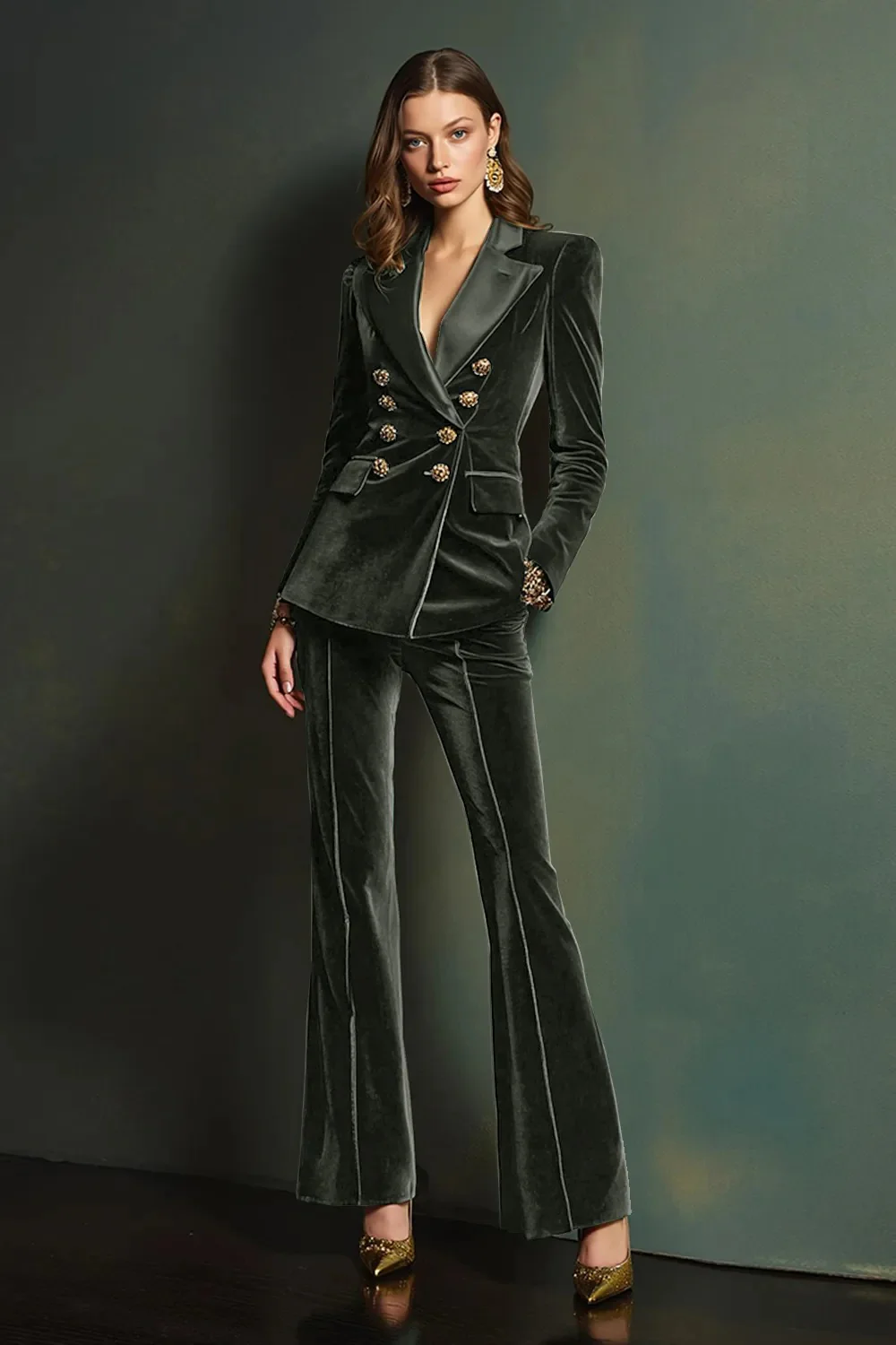 Dark Green Peak Lapel 2-Piece Velvet Double Breasted Women Prom Suits - Image 14