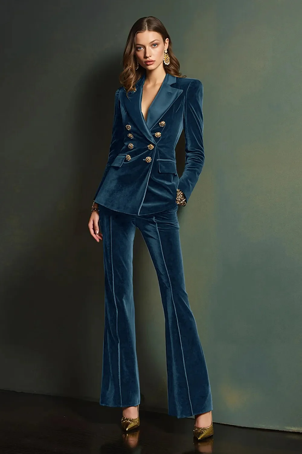 Dark Green Peak Lapel 2-Piece Velvet Double Breasted Women Prom Suits - Image 15