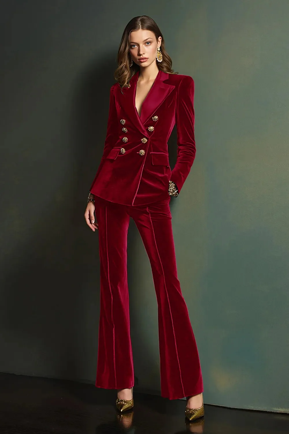 Dark Green Peak Lapel 2-Piece Velvet Double Breasted Women Prom Suits - Image 16