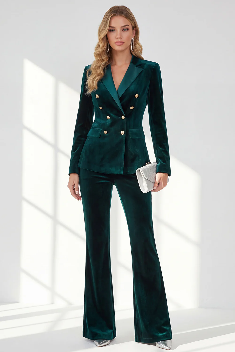Dark Green Peak Lapel 2-Piece Velvet Double Breasted Women Prom Suits - Image 3