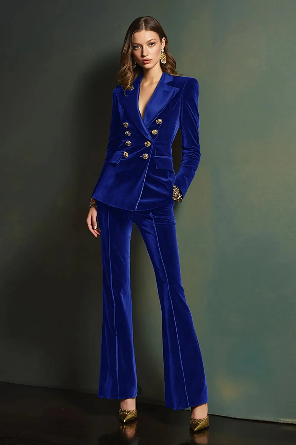 Dark Green Peak Lapel 2-Piece Velvet Double Breasted Women Prom Suits - Image 9